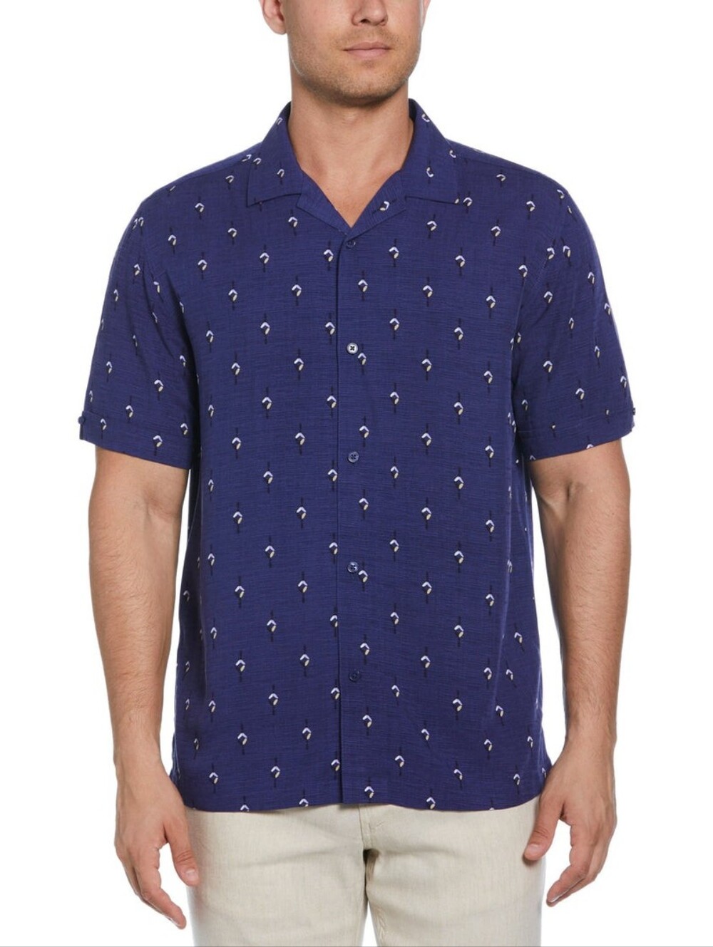 NWT Mens Cubavera Retro Geometric Print Shirt Skipper Blue Size Medium
